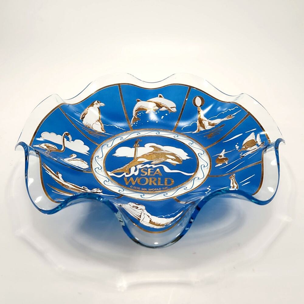 Vintage Sea World Souvenir Blue Glass Ruffled Edge Dish | 1970s Retro Shamu